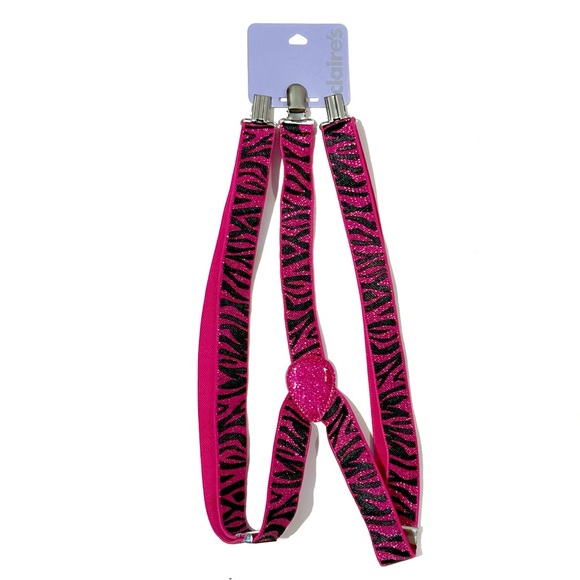 Claire’s Sparkly Hot Pink Zebra Suspenders Pant Holder Stretchy Adjust Glitter - Picture 1 of 13